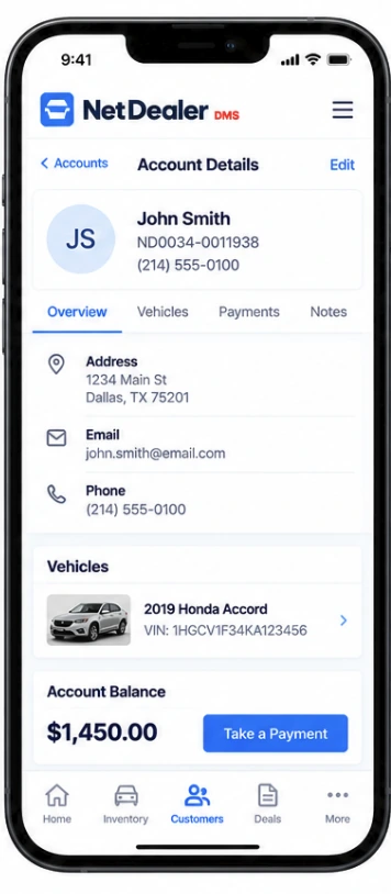 Mobile customer account in NetDealer DMS