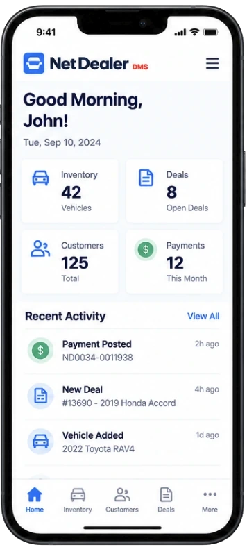 NetDealer mobile DMS dashboard